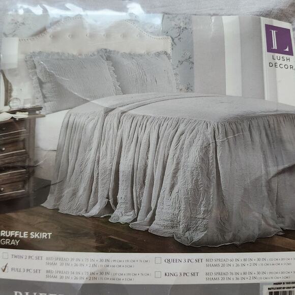 Lush Decor Other - Lush Decor Gray Full Ruffle Skirt Bedspread 3PC Farmhouse Bedding Set Open Box